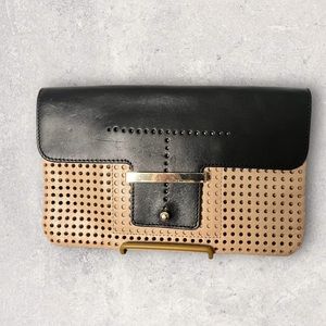 AnnTaylor Leather Black & Tan Perforated Envelope Clutch